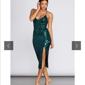 ARIELLE GEOMETRIC SEQUIN MIDI DRESS TEAL